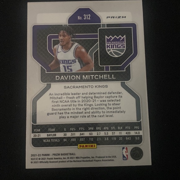 Davion Mitchell(rookie) - 2021-22 panini Prizm basketball #312 - Picture 2 of 2